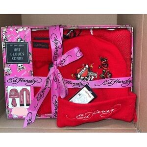 Ed Hardy Red Hat, Gloves, and Scarf Set new